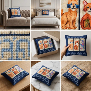 Hunde- und Katzenmotiv Nadelstickerei-Kissen mit Punch-Needle-Textur, Polyester-Bezug, Lendenstütze, Moderne Wohnraumdekoration, Mahjong-Leinwand-Design - Product Image 3