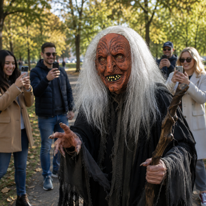 Masque de sorcière effrayant en latex, tête entière, tendance 18+, pour cosplay du Ramadan, avec longs cheveux blancs, nez en crochet, visage plissé et dents jaunes - Product Image 2