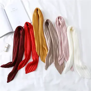 New Arrived Female Fashion Pleated Crepe Neck Wraps Headscarves Bandana Solid Color Satin Silky Square Scarf