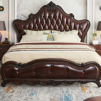 Lit double européen en bois de pin américain 1,8 m, chambre principale, style français vintage, cuir véritable, villa de luxe, mariage