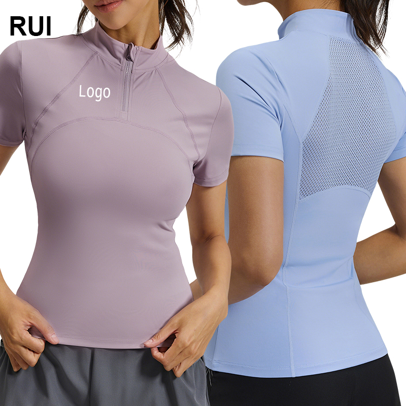 RUIQUWIN Wholesale Custom Women's Breathable Lightweight High Stretch Mesh Half Zip Yoga Top Tight Short Sleeve Running Workout
