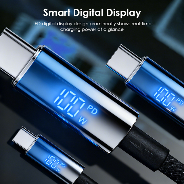 Custom Logo PD100W E-Mark Super Fast Charging Cable 1.2M Type C to Type C LCD Digital Nylon Braided Data Cable
