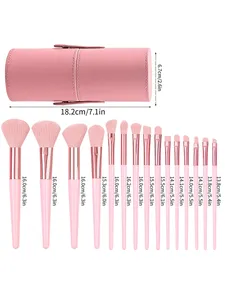 Nouvel ensemble de 15 pinceaux de maquillage roses 2025 avec support de rangement, poils doux pour fond de teint, fard à joues, fard à paupières, maquillage quotidien et de voyage - Product Image 6