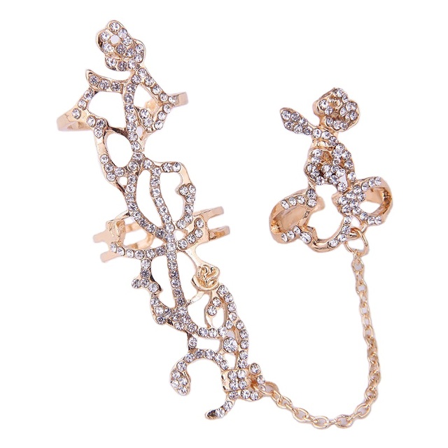 Fashion Punk Rock Gothic Gold Silver Hollow Carved Flowers Crystal Double Full Finger Knuckle Armor Ring