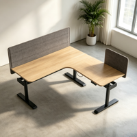 Bureau debout en forme de L moderne avec écran de confidentialité, bureau de travail en bois réglable avec rangement pour mobilier de bureau à domicile
