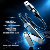 Câble USB C 3-en-1 à charge super rapide 240W, câble de charge en nylon tressé pour jeux avec support de téléphone pliable pour iPhone
