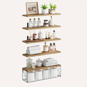 Ensemble de 5 étagères flottantes murales <span class=keywords><strong>en</strong></span> <span class=keywords><strong>bois</strong></span> rustique et métal noir, paniers <span class=keywords><strong>en</strong></span> fil de fer, <span class=keywords><strong>pour</strong></span> salle de bain et salon - Product Image 2