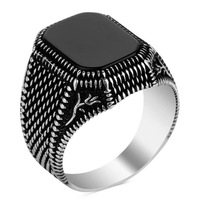 Vente flash Bague en argent vieilli plaqué pour homme, style rétro, agate naturelle, bague turque pour homme, bague signet carrée noire