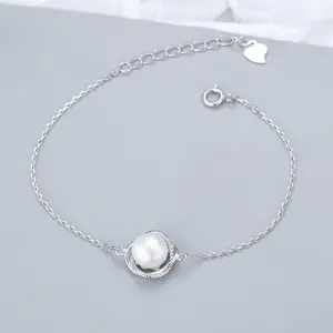 925 Silver Gold Plated Cute Cultured Freshwater Button Drop Pearl 4 Leaf Clover Flower Zircon Charm Bracelet For Women