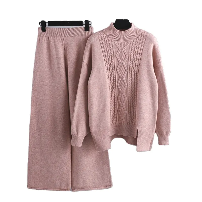 Autumn winter knit sweater suit wide leg pants trendcy casual cosy women thick loose mock neck cabel sweater