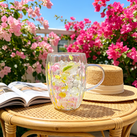 Verre à double paroi isolé résistant à la chaleur sans BPA avec poignée, tasse à café et à thé créative incrustée de fleurs séchées pour la maison et le bureau