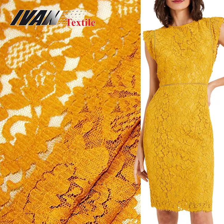 High quality wholesale custom nylon cotton fancy sustainable yellow luxury floral lace mesh fabric for dress