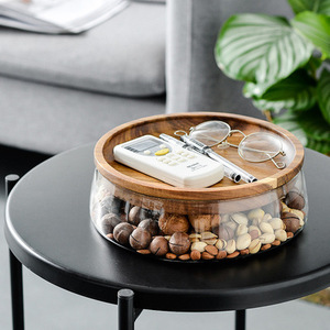 Round Glass Candy and Nuts Serving <b>Container</b> with Wooden Lid Food <b>Snack</b> Tray Bread Plates - Product Image 4