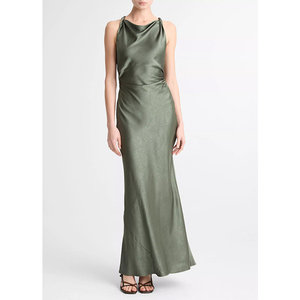 Robe de soirée élégante pour femme en satin vert mousse de haute qualité avec bretelles torsadées - Product Image 1