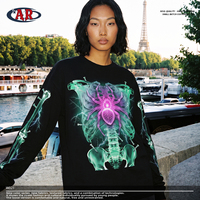 T-shirt noir à manches longues avec imprimé néon squelette, araignée et motif lumineux sur les manches, style streetwear pour homme, OEM
