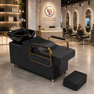 Cama de Lavado Profesional Negra y Dorada para Salón con Lavabo de Cerámica y Reposapiés, Set para Peluquería, Spa, Barbería y Mobiliario de Salón de Belleza - Product Image 1