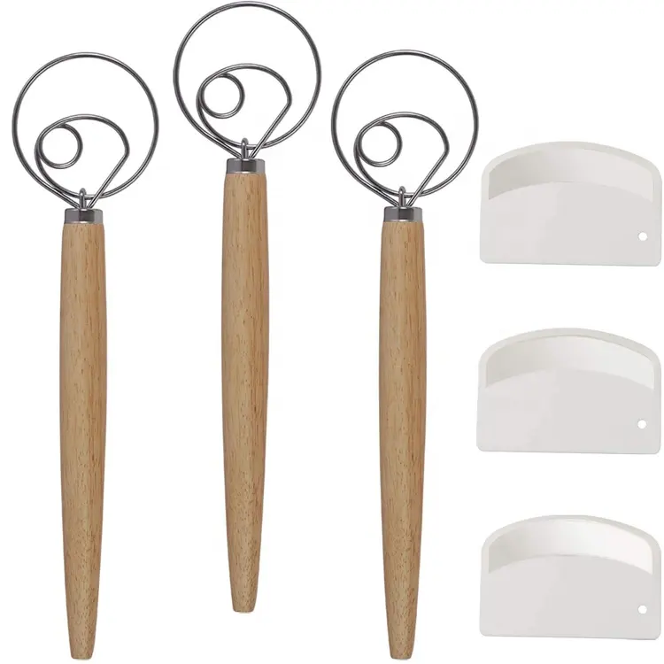 Factory Price Wooden Handle Stainless Steel Best Danish Dough Whisk and Scraper Set