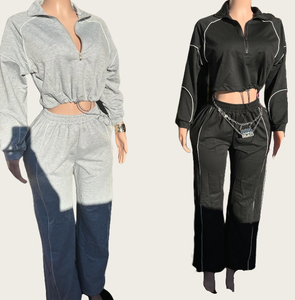 Viviblook ชุด Z918ST02ไซส์พิเศษของผู้หญิงชุดสองชิ้นเสื้อมีฮู้ดเอวลายทางหัวเข็มขัดยางยืดกางเกงกีฬาขาตรง - Product Image 1