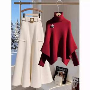 Hiver 2025 Nouveau style Femmes Super Nice Christmas Cape Sweater and Midi Skirt Two - Piece Set Trendy - Product Image 2