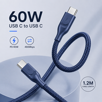 Câble USB 2.0 vers USB 2.0 de 1,2 m, 60 W, 3 A, charge rapide, en nylon tressé, pour batterie externe et appareils mobiles