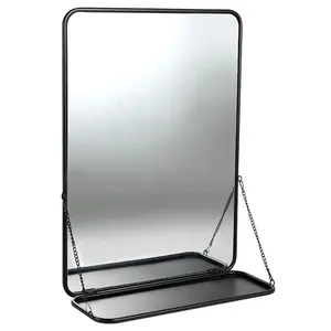 กระจกกรอบโลหะขนาดใหญ่สีดำทันสมัยติดผนังของตกแต่งบ้านกระจกกรอบโลหะแบบแขวนพร้อมชั้นวางของที่ใช้งานได้