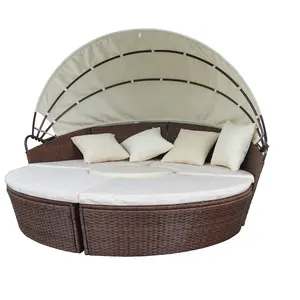 Sofa Anyaman Furnitur Luar Ruangan dengan Kanopi Bisa Ditarik/Tempat Tidur Pantai Rotan Bulat
