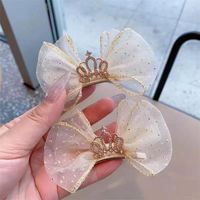 Barrette latérale en tulle et strass avec nœud couronne tridimensionnel pour enfants et filles, accessoires de cheveux de mariage