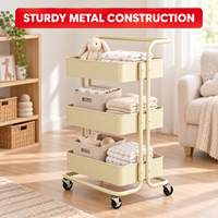 Chariot utilitaire roulant en métal à 3 niveaux, chariot de rangement mobile robuste avec poignée ergonomique et roulettes verrouillables pour la maison et le bureau