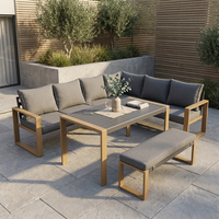 Ensemble de canapé d'extérieur en forme de L, moderne, confortable et portable, avec structure en acier, accoudoirs imitation bois et table basse