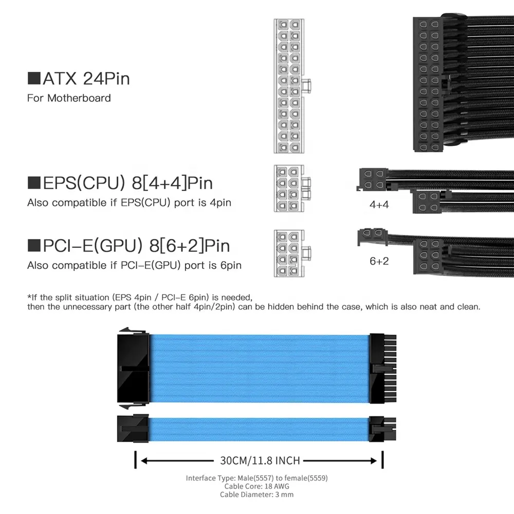 새로운 디자인 멀티 컬러 선택 30cm 단일 케이블 모드 PCI-E 8Pin Psu 연장 케이블 키트 컴퓨터 게임 케이스 용 빗