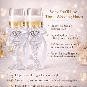 Juego de Copas de Champán <span class=keywords><strong>para</strong></span> Boda, Elegantes Copas con Tallo Estilo Cristal, Lazo de Satén Blanco y Acento de Doble Corazón, Copas <span class=keywords><strong>para</strong></span> Brindis de Novios - Product Image 6