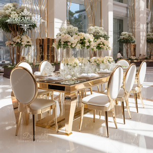 ชุดรับประทานอาหารงานแต่งงานสีทองพร้อมท็อปกระจกเก้าอี้และโต๊ะหรูหราขนาดใหญ่สำหรับงานปาร์ตี้โรงแรมใช้งานกลางแจ้ง - Product Image 1