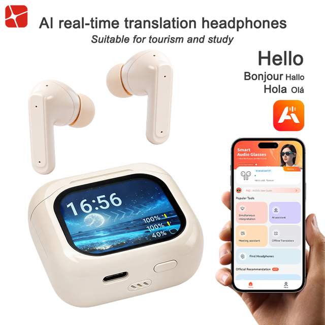AI Translator Headphones with Real-Time Dual-Language Digital Display ANC Waterproof 60-Hour Battery Voice Enhancement Earbuds