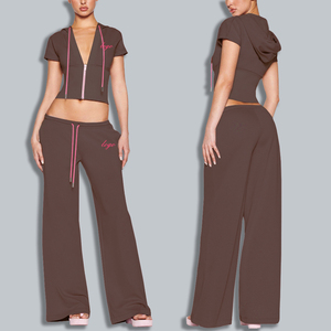 Của phụ nữ hai mảnh giản dị Skinny phù hợp với sâu v-cổ ngắn tay Trùm đầu quần ống rộng Quần Dệt Kim vải thêu kỹ thuật - Product Image 3