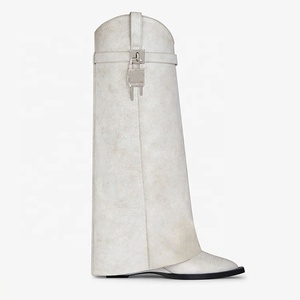 Women High Heel Wedge Wide Calf <strong>Boots</strong> Pointy Toe Shark Lock Printed <strong>Trouser</strong> <strong>Boots</strong> for Men - Product Image 2
