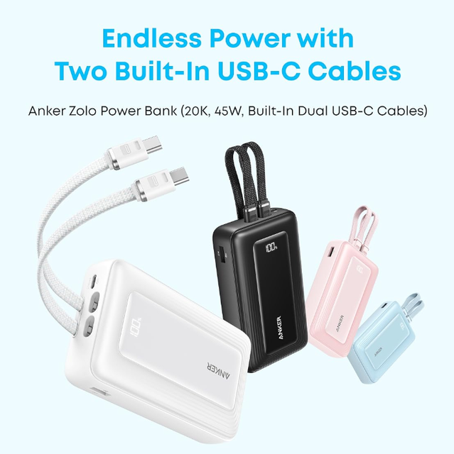 Anker Zolo A110M 20000mAh 45W PD Power Bank Built-in Dual USB-C Cables 4 Output Digital Display Portable External Battery