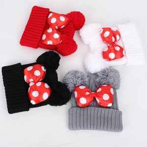 <span class=keywords><strong>Gorro</strong></span> cálido de invierno para bebés y niños, <span class=keywords><strong>gorro</strong></span> de punto con lazo grande de Minnie para niñas, gorros informales con pompón Doble - Product Image 1