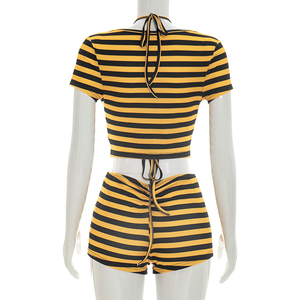 Viviblook J26ST161 Women Summer Shorts <b>Set</b> Sexy New Striped Printed Lace Up Bra Short Sleeve Top Shorts Three Piece <b>Set</b> - Product Image 6