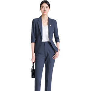 Women's Sky Blue Suit Set Three Quarter Sleeve Anti-Wrinkle Spring Professional Style - Product Image 5