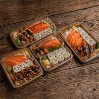 Boîte à sushi à emporter en carton kraft avec logo imprimé, couvercle transparent en PET, boîte à sushi jetable pour fêtes, traiteur, vente en gros, en stock