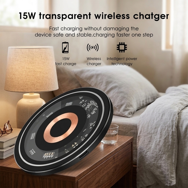 15W High Power Wireless Charger Aluminum Frame Clear Shell Phone Charging Pad