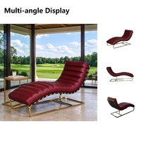 Chaise longue en cuir rouge de style mid-century avec structure en acier inoxydable doré pour salon et chambre à coucher