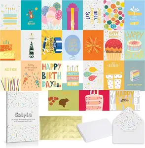 Paquete de 24 tarjetas de cumpleaños de lámina de oro únicas con sobres y pegatinas tarjetas de feliz cumpleaños en blanco para Familia, niños, amigos, trabajo