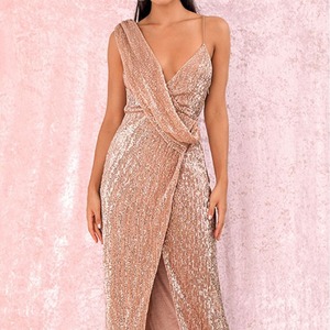 One-Shoulder <b>Sequined</b> Gold Evening Gown Long <b>Skirt</b> Mermaid Dress Women's Formal Wear - Product Image 1