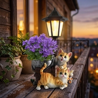 Solarbetriebene Katzen-Gartenfigur aus Kunstharz im Art-Deco-Stil mit Blumentopf und Laterne, 16 cm Durchmesser, für Veranda, Terrasse, Balkon, Geschenk