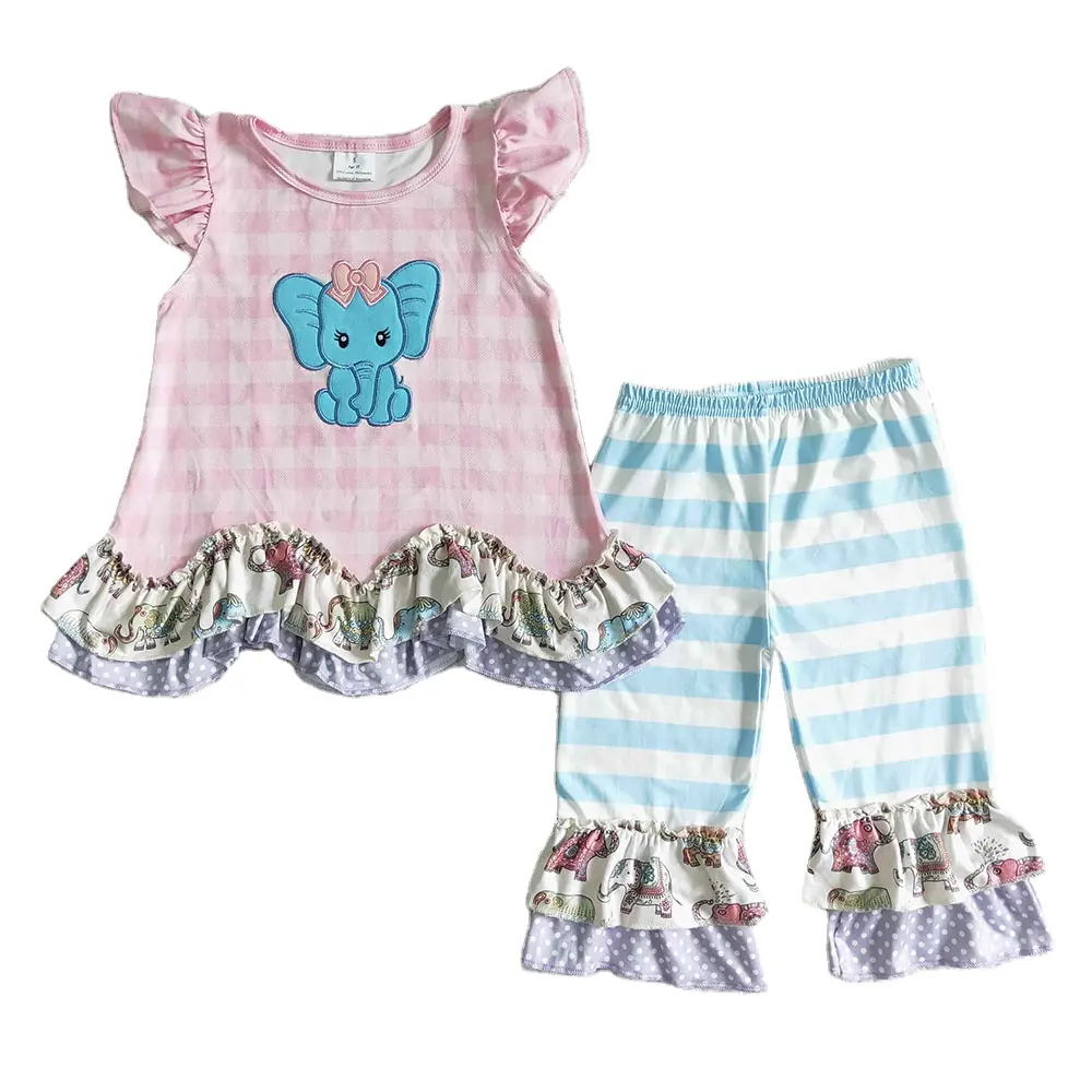 RTS Wholesale Baby Girls Summer Elephant Design Short Sleeve Ruffle Tunic Capris Children Toddler Cartoon Boutique Outfits Setts