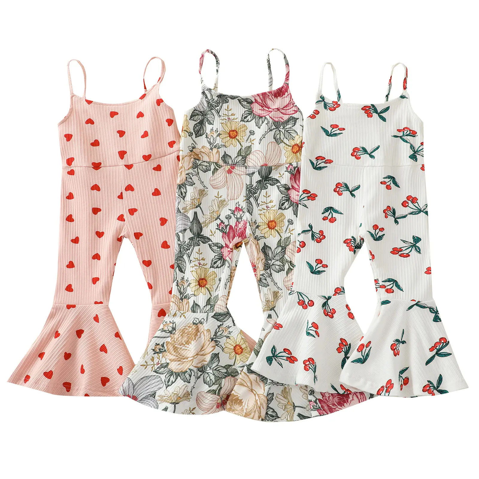 Summer Kids Clothes Heart Floral Print Baby Girls Overall Bell Bottom Jumpsuit