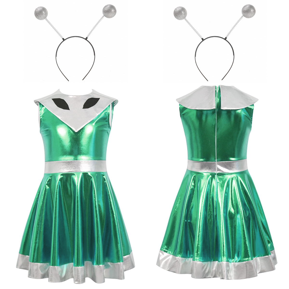 Vestido verde de corte puntiagudo con diadema.
