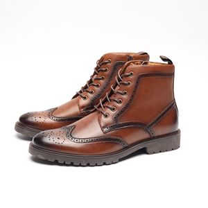 Bottes pour hommes en cuir synthétique doublées polaire à la cheville, bout carré, semelle épaisse, fermeture éclair latérale en cuir véritable, style rétro, toutes saisons - Product Image 2