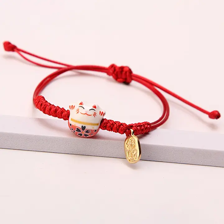 SC-pulsera trenzada de cuerda roja Vintage para hombre y mujer, brazalete de cerámica ajustable con diseño de gato de la suerte, 2022